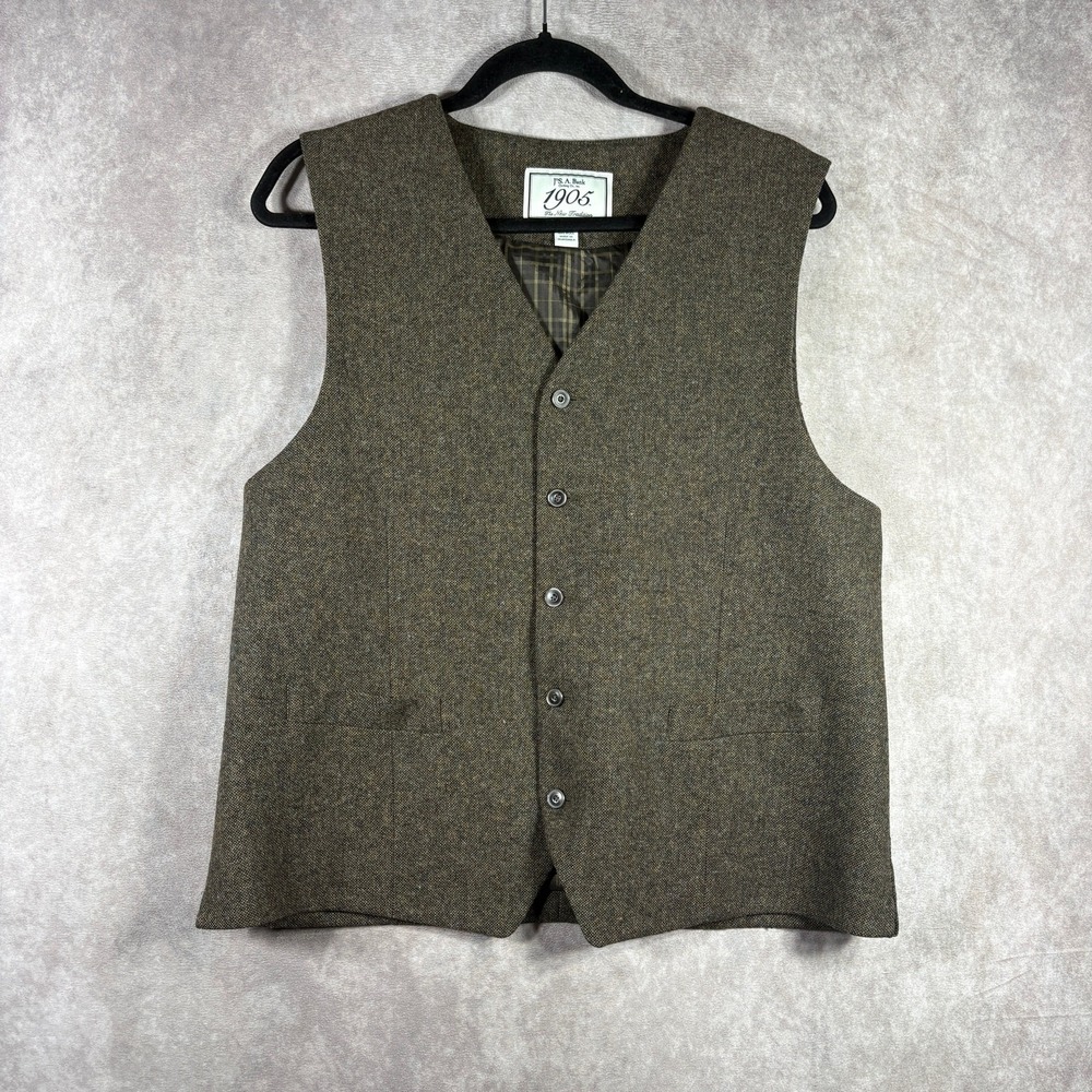 Jos. A. Bank Tuxedo Vest Mens Large Brown Wool Button Front V-Neck Preppy Geek - Picture 1 of 9